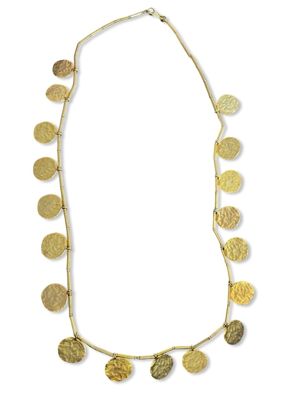 Kenneth Jay Lane vintage Gold Disc Charm Long Necklace hammered coin pendant